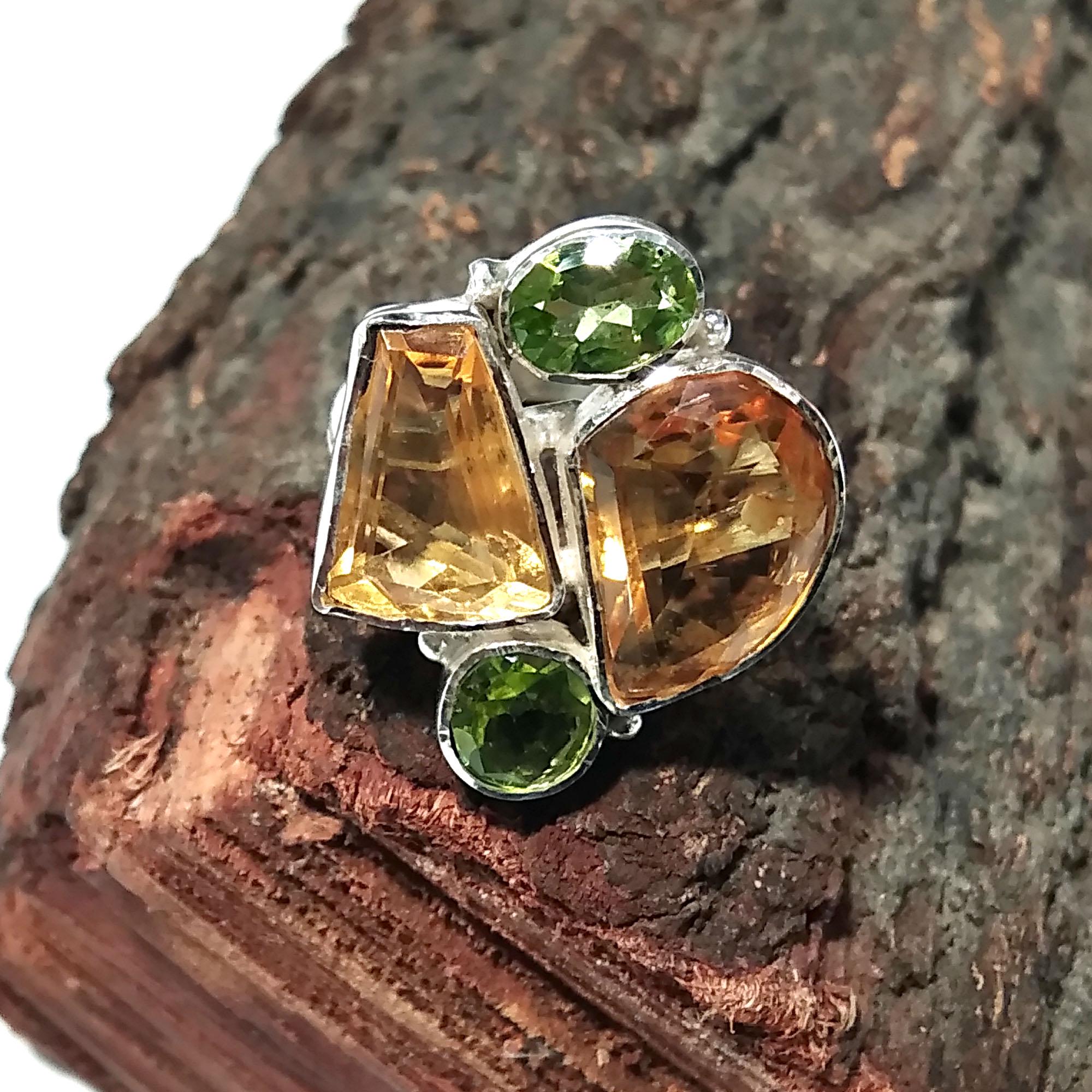 Natural Citrine/Peridot Faceted Gemstone Ring, 925 Sterling Silver Jewelry Ring, Natural Gemstone Ring Handmade Jewelry, For Girls/Women
